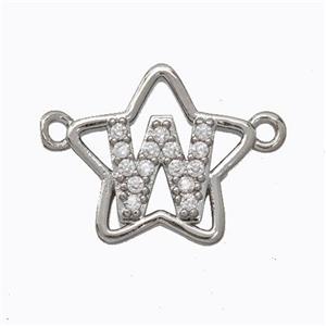 Copper Star Pendant Pave Zirconia Letter-W Platinum Plated, approx 16mm