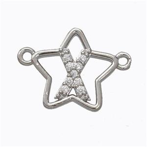 Copper Star Pendant Pave Zirconia Letter-X Platinum Plated, approx 16mm