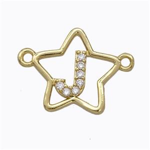 Copper Star Pendant Pave Zirconia Letter-J Gold Plated, approx 16mm