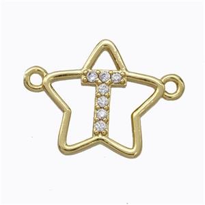 Copper Star Pendant Pave Zirconia Letter-T Gold Plated, approx 16mm