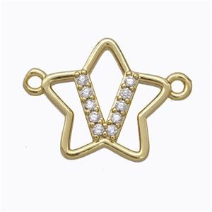 Copper Star Pendant Pave Zirconia Letter-V Gold Plated, approx 16mm