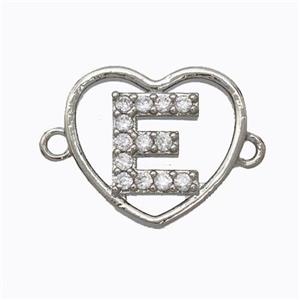 Copper Heart Connector Pave Zirconia Letter-E Platinum Plated, approx 15.5mm