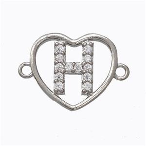 Copper Heart Connector Pave Zirconia Letter-H Platinum Plated, approx 15.5mm