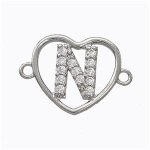 Copper Heart Connector Pave Zirconia Letter-N Platinum Plated, approx 15.5mm