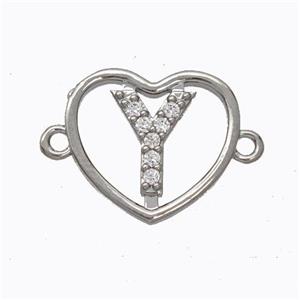 Copper Heart Connector Pave Zirconia Letter-Y Platinum Plated, approx 15.5mm