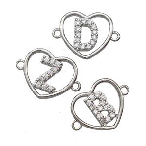 Copper Heart Alphabet Connector Pave Zirconia Mix Letters Platinum Plated, approx 15.5mm