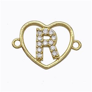 Copper Heart Connector Pave Zirconia Letter-R Gold Plated, approx 15.5mm