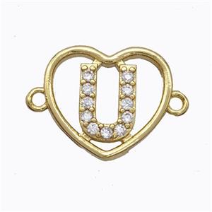 Copper Heart Connector Pave Zirconia Letter-U Gold Plated, approx 15.5mm