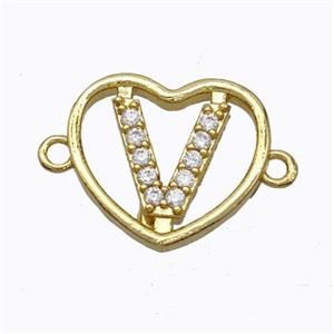 Copper Heart Connector Pave Zirconia Letter-V Gold Plated, approx 15.5mm