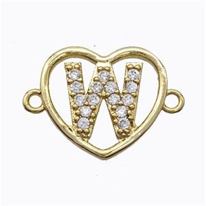 Copper Heart Connector Pave Zirconia Letter-W Gold Plated, approx 15.5mm