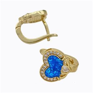 Copper Heart Latchback Earrings Pave Zirconia Blue Fire Opal 18K Gold Plated, approx 10-12mm