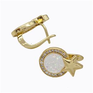 Copper Circle Latchback Earrings Pave Zirconia White Fire Opal Star 18K Gold Plated, approx 11.5-16mm