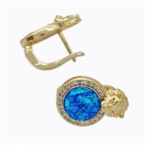 Copper Circle Latchback Earrings Pave Zirconia Blue Fire Opal Lion 18K Gold Plated, approx 12-17mm