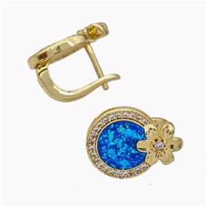 Copper Circle Latchback Earrings Pave Zirconia Blue Fire Opal Flower 18K Gold Plated, approx 12-16mm