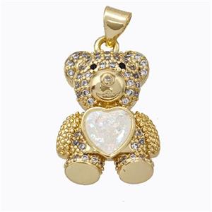 Copper Bear Pendant Micropave Zirconia White Fire Opal Heart 18K Gold Plated, approx 15-20mm