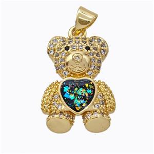 Copper Bear Pendant Micropave Zirconia Fire Opal Heart 18K Gold Plated, approx 15-20mm