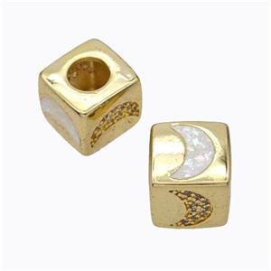 Copper Cube Beads Pave Zirconia Fire Opal Moon Large Hole 18K Gold Plated, approx 10x10mm, 5mm hole