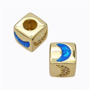 Copper Cube Beads Pave Zirconia Fire Opal Moon Large Hole 18K Gold Plated, approx 10x10mm, 5mm hole