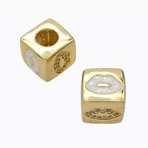 Copper Cube Beads Pave Zirconia Fire Opal Lips Large Hole 18K Gold Plated, approx 10x10mm, 5mm hole