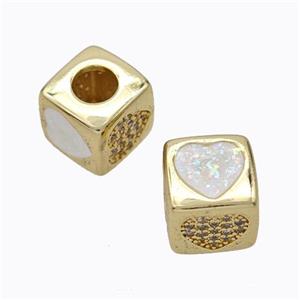 Copper Cube Beads Pave Zirconia Fire Opal Heart Large Hole 18K Gold Plated, approx 10x10mm, 5mm hole