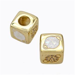 Copper Cube Beads Pave Zirconia Fire Opal Planet Large Hole 18K Gold Plated, approx 10x10mm, 5mm hole