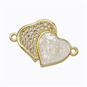 Copper Heart Connector Micropave Zirconia White Fire Opal Double 18K Gold Plated, approx 16-19mm