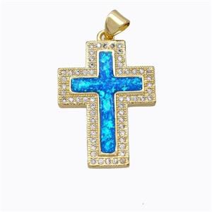 Copper Cross Pendant Micropave Zirconia Blue Fire Opal 18K Gold Plated, approx 19-25mm