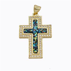 Copper Cross Pendant Micropave Zirconia Multicolor Fire Opal 18K Gold Plated, approx 19-25mm