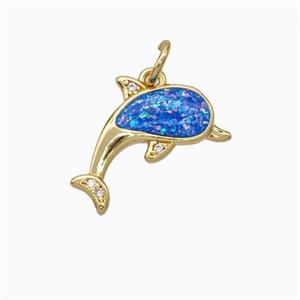 Copper Dolphin Pendant Micropave Zirconia Blue Fire Opal 18K Gold Plated, approx 12-14mm