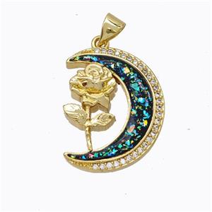 Copper Flower Pendant Micropave Zirconia Multicolor Fire Opal Moon 18K Gold Plated, approx 17-22mm