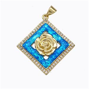 Copper Flower Pendant Micropave Zirconia Blue Fire Opal Square 18K Gold Plated, approx 20x20mm