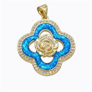 Copper Clover Pendant Micropave Zirconia Blue Fire Opal Flower 18K Gold Plated, approx 24mm