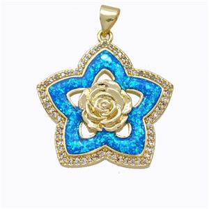 Copper Flower Pendant Micropave Zirconia Blue Fire Opal 18K Gold Plated, approx 25mm