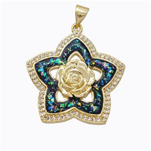 Copper Flower Pendant Micropave Zirconia Multicolor Fire Opal 18K Gold Plated, approx 25mm