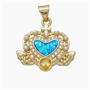 Copper Heart Pendant Micropave Zirconia Heart Fire Opal Angelwings 18K Gold Plated, approx 17-20mm