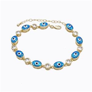 Copper Bracelet Oval Evil Eye Pave Blue Fire Opal 18K Gold Plated, approx 7-10mm, 17-22cm length