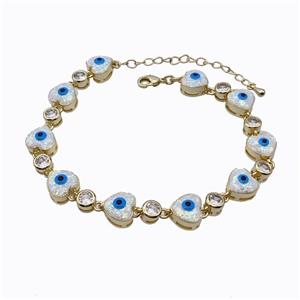 Copper Heart Bracelet Evil Eye Pave White Fire Opal 18K Gold Plated, approx 9mm, 17-22cm length