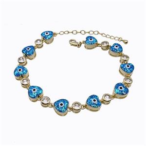 Copper Heart Bracelet Evil Eye Pave Blue Fire Opal 18K Gold Plated, approx 9mm, 17-22cm length