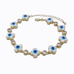 Copper Clover Bracelet Evil Eye Pave White Fire Opal 18K Gold Plated, approx 11mm, 17-22cm length