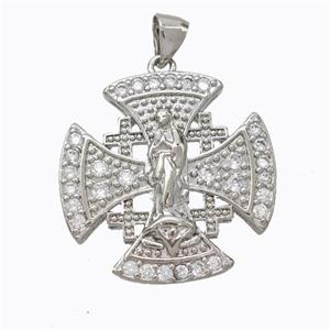 Copper Cross Pendant Pave Zirconia Virgin Mary Platinum Plated, approx 24mm