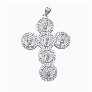 Copper Cross Pendant Pave Zirconia Saint Jude Platinum Plated, approx 32-42mm