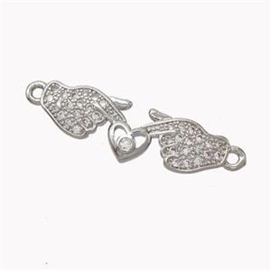 Copper Hand Connector Pave Zirconia Heart Platinum Plated, approx 8-25mm