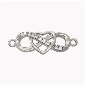 Copper Infinity Connector Pave Zirconia Heart Platinum Plated, approx 8-17mm