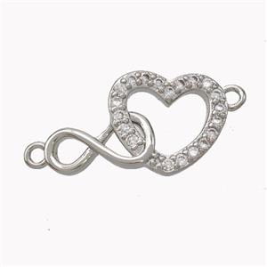 Copper Infinity Heart Connector Micropave Zirconia Platinum Plated, approx 12-20mm