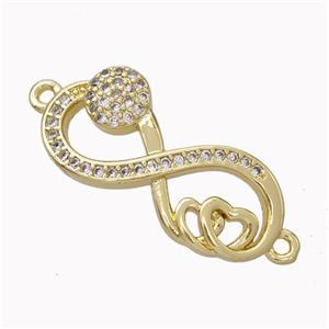 Copper Infinity Connector Micropave Zirconia Heart Gold Plated, approx 11-24mm