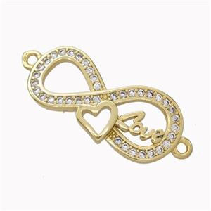 Copper Infinity Connector Micropave Zirconia Heart Love Gold Plated, approx 11-24mm