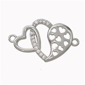 Copper Heart Connector Micropave Zirconia Platinum Plated, approx 15-20mm