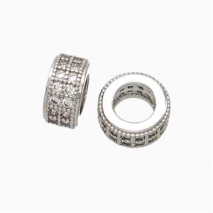 Copper Wheel Beads Micro Pave Zirconia Large Hole Rondelle Platinum Plated, approx 9mm, 5mm hole