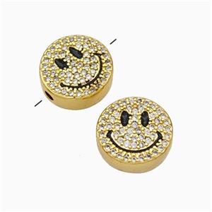 Copper Emoji Beads Micropave Zirconia Smileface Gold Plated, approx 12mm