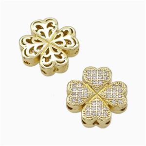 Copper Clover Beads Micropave Zirconia Gold Plated, approx 15mm